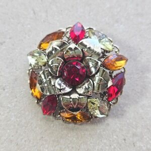 Vtg 50s 60s Gold Tone Floral Rhinestone Brooch Red Amber Yellow Flower Pin
